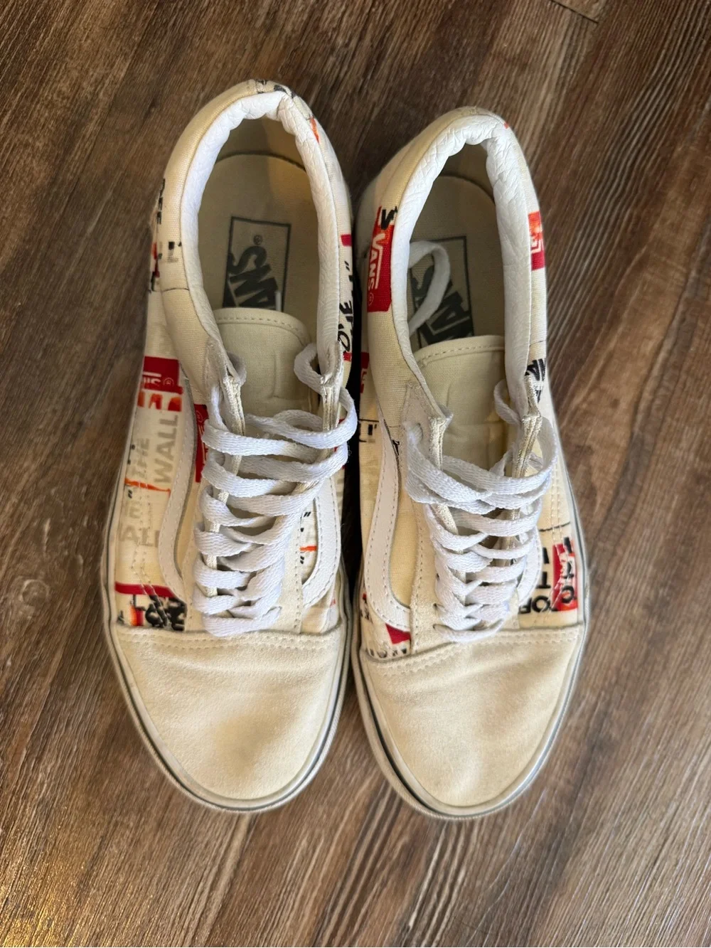 Vans White Canvas Low-Top Sneakers with Red & Black Graphic Accents